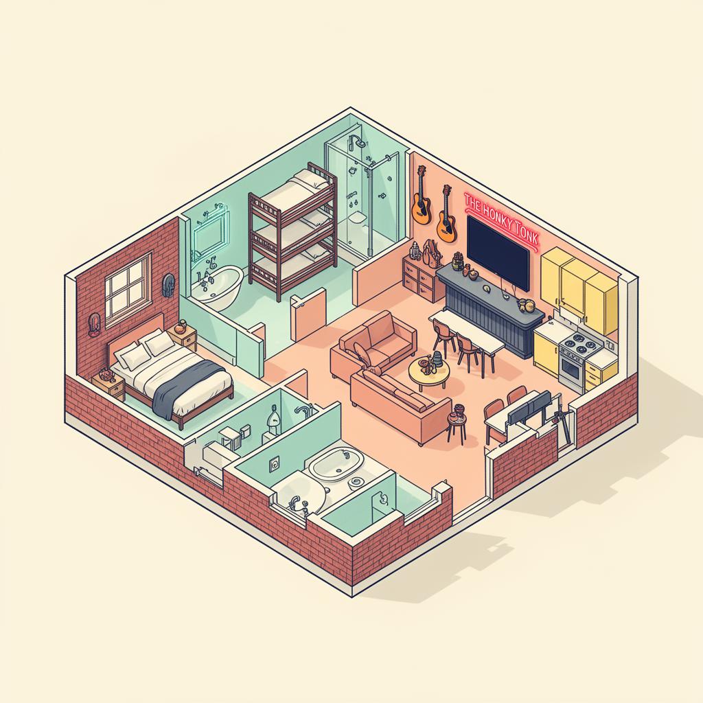 Isometric 3D cutaway render of The Honky Tonk Suite