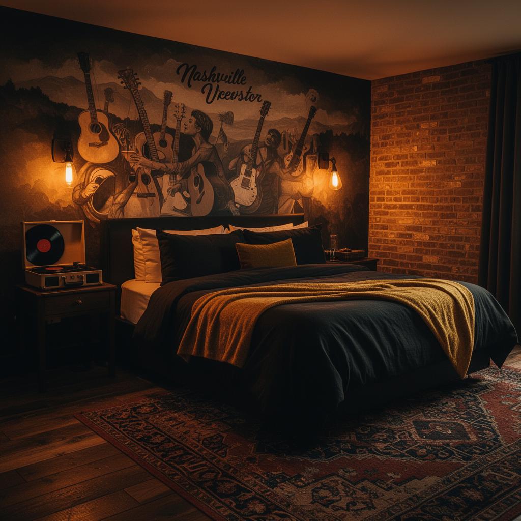 Named suite bedroom with custom country mural and vinyl player