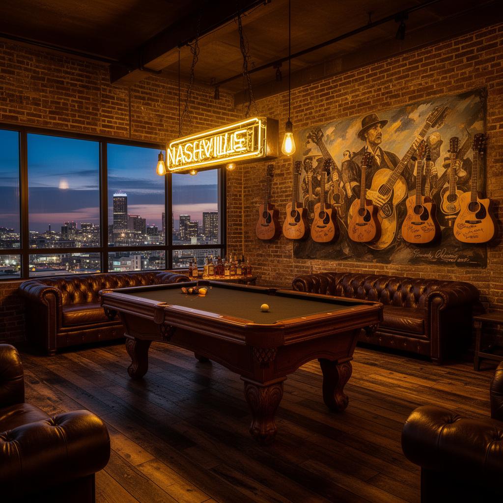 The Skyline Suite — pool table, exposed brick, Nashville skyline view